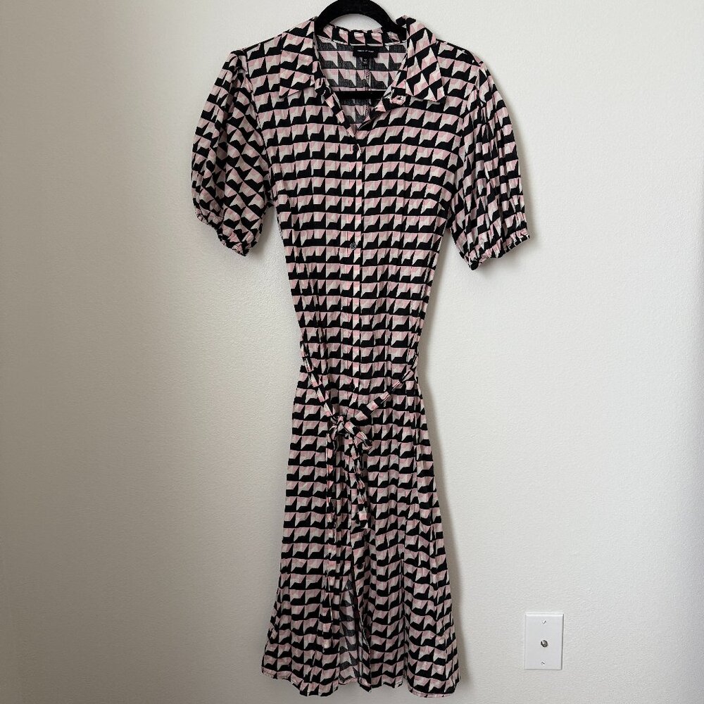 Who What Wear Black Pink Geometric Puff-Sleeve Midi Dress M
